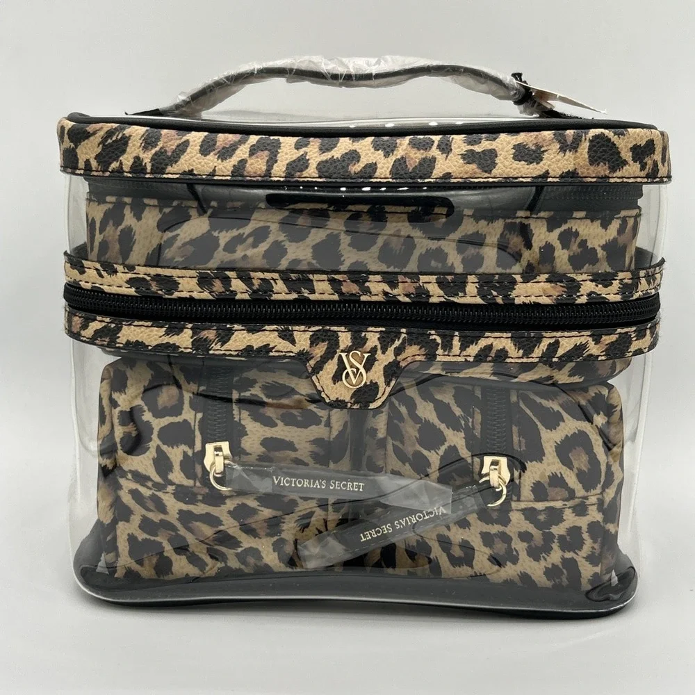 Victoria's Secret Leopard Print 4-in-1 Makeup Bag Set Clear Train Case NWT
